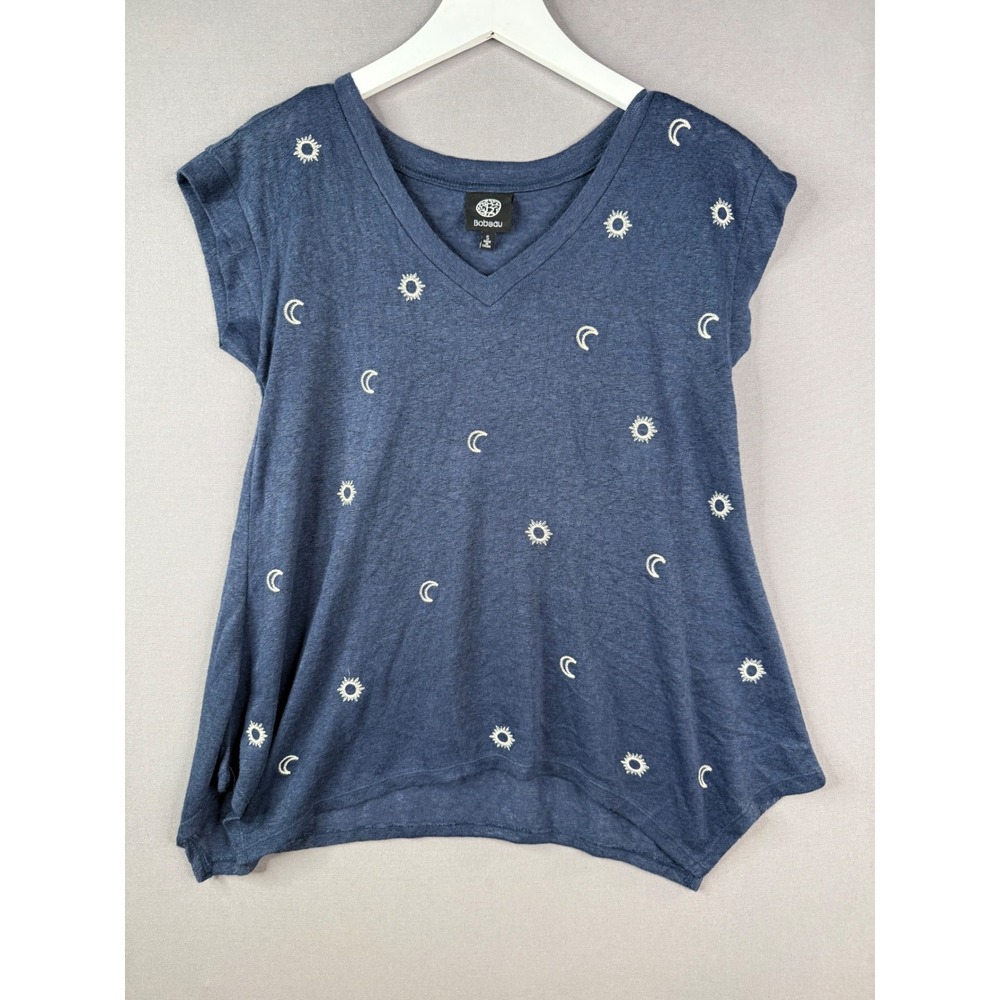 Bobeau Celestial V-Neck Top Womens S Blue Sun Moon Embroidered Cosmic Boho